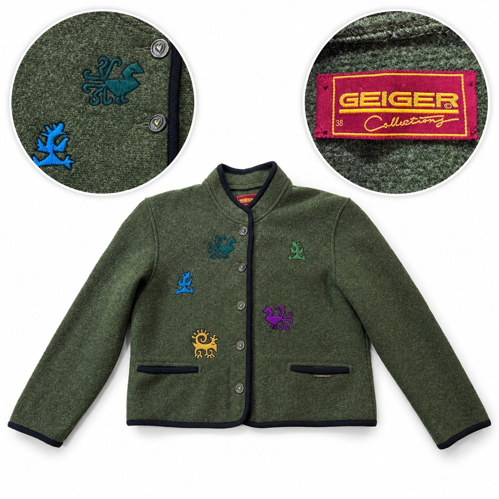 Geiger Boiled Wool Jacket Women 38 Embroidered Green Made in Austria Cardigan